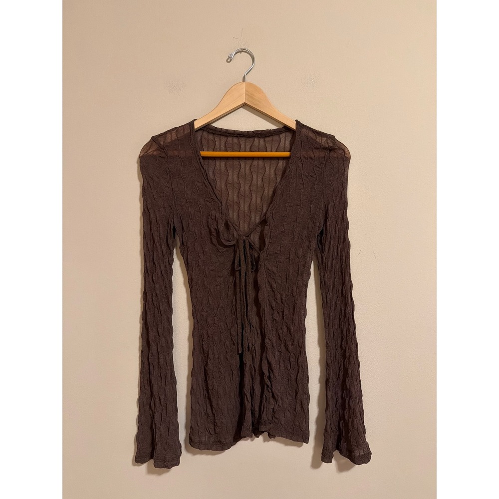 Vintage Brown Crinkle Sheer Tie Front Top Long Bell Sleeve Y2K Boho